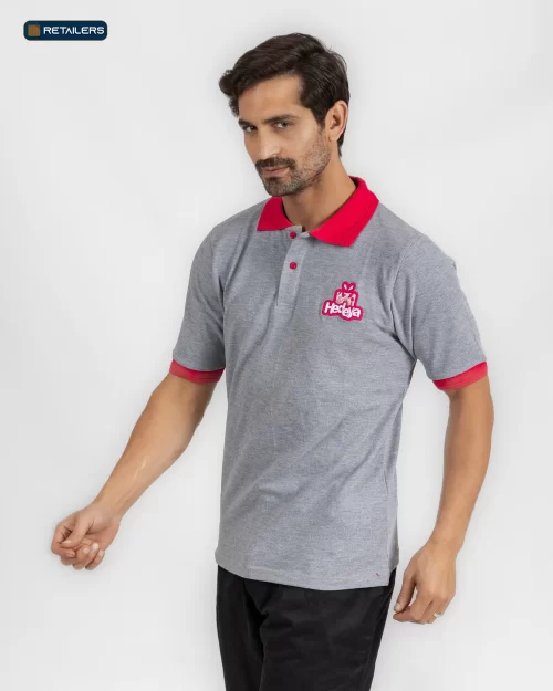 CODE Designed Short Sleeve Polo – Hedeya Grey Red Collar Look