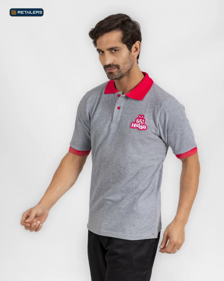 CODE Designed Short Sleeve Polo – Hedeya Grey Red Collar Look