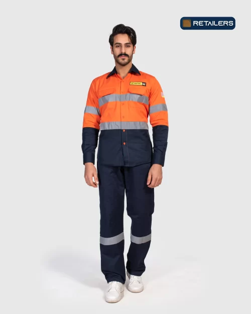 CODE Work Suit – Mantrac Orange Navy Reflective Look