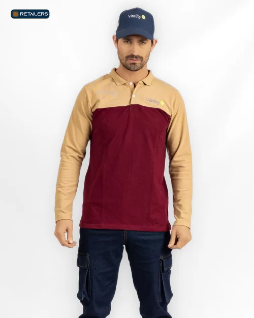 CODE Designed Long Sleeve Polo – Misr Italia Burgundy Beige Sleeves Look
