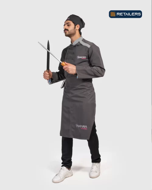 CODE by Retailers Tamara apron and headwear uniform Grey custom uniform idea